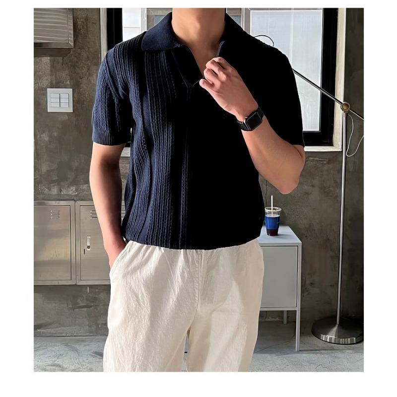 Men S Knitted Polo Shirt Short Sleeve Hollow Out Ice Silk Summer Old Money Style