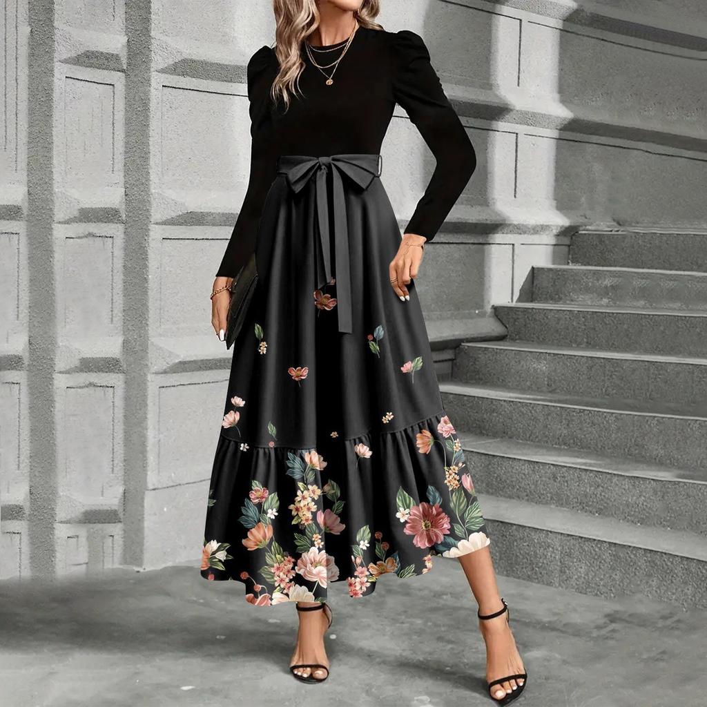 Women's Floral Print High Waist Fashionable And Elegant Dress