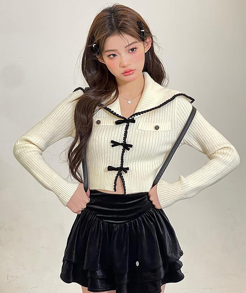 TOWYYO Long Big Short Korean French Beige Women's Cardigan, Sleeve, Ribbon, V-Neck, Striped, Cute, Collar, Length, Fashion, Spring/Autumn, Stylish,