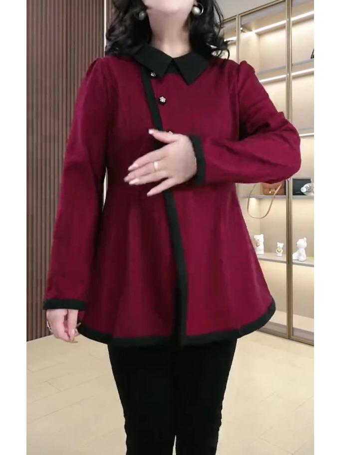 Autumn/Winter Woolen A-line Slimming Collared Shirt for Middle-Aged Women