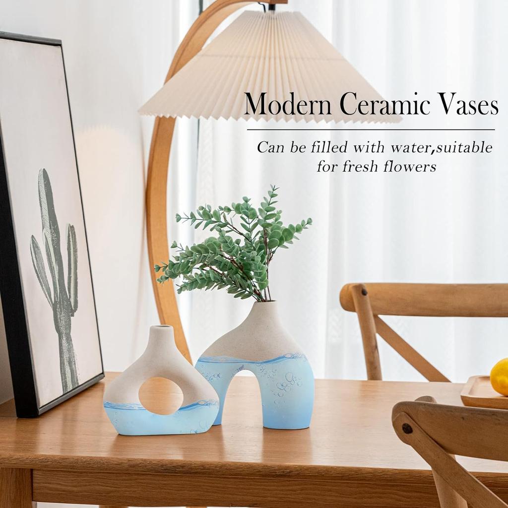 White Ceramic Vase Set of 2 for Home Decor, Round Matte Donut Vases for Pampas Grass, Nordic Style Flower Vases for Living Room Table Office Bedroom