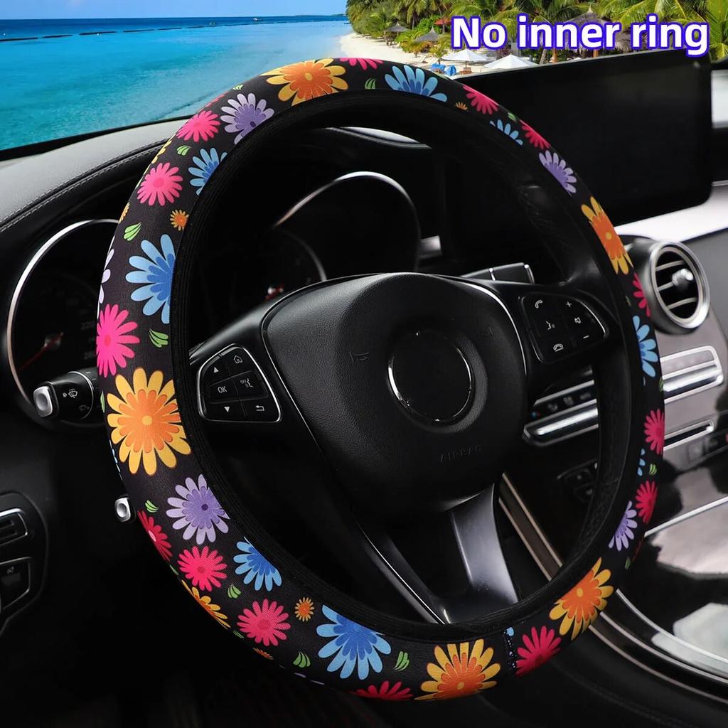 Flower Panda Spider Web Fabric Non-slip Car Steering Wheel Cover without Inner Ring Car Accessories Suitable for 14.5-15INCH