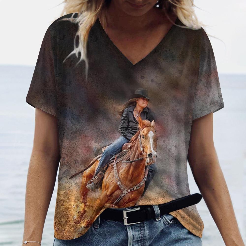 Summer Fashion Ladies Riding Horses 3D Personality Printed T-shirt Women's Loose Comfortable Soft Breathable V-neck Short Sleeved T-shirt