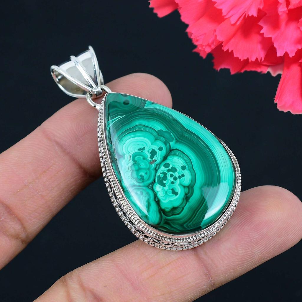 Malachite Gemstone Pendant Solid 925 Sterling Silver Pendant Jewelry Gift For Unisex
