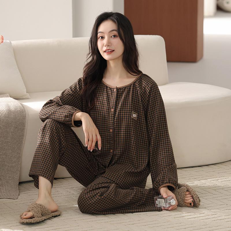 Woven cotton gauze pajamas women's spring and autumn pure cotton long-sleeved women's spring and summer cotton thickened loungewear set