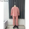 Women Pajama Set Plus Size Round Neck Long Sleeve Long Pants Two‑Piece Breathable Loungewear Home Suit for Spring Autumn Daily Wea