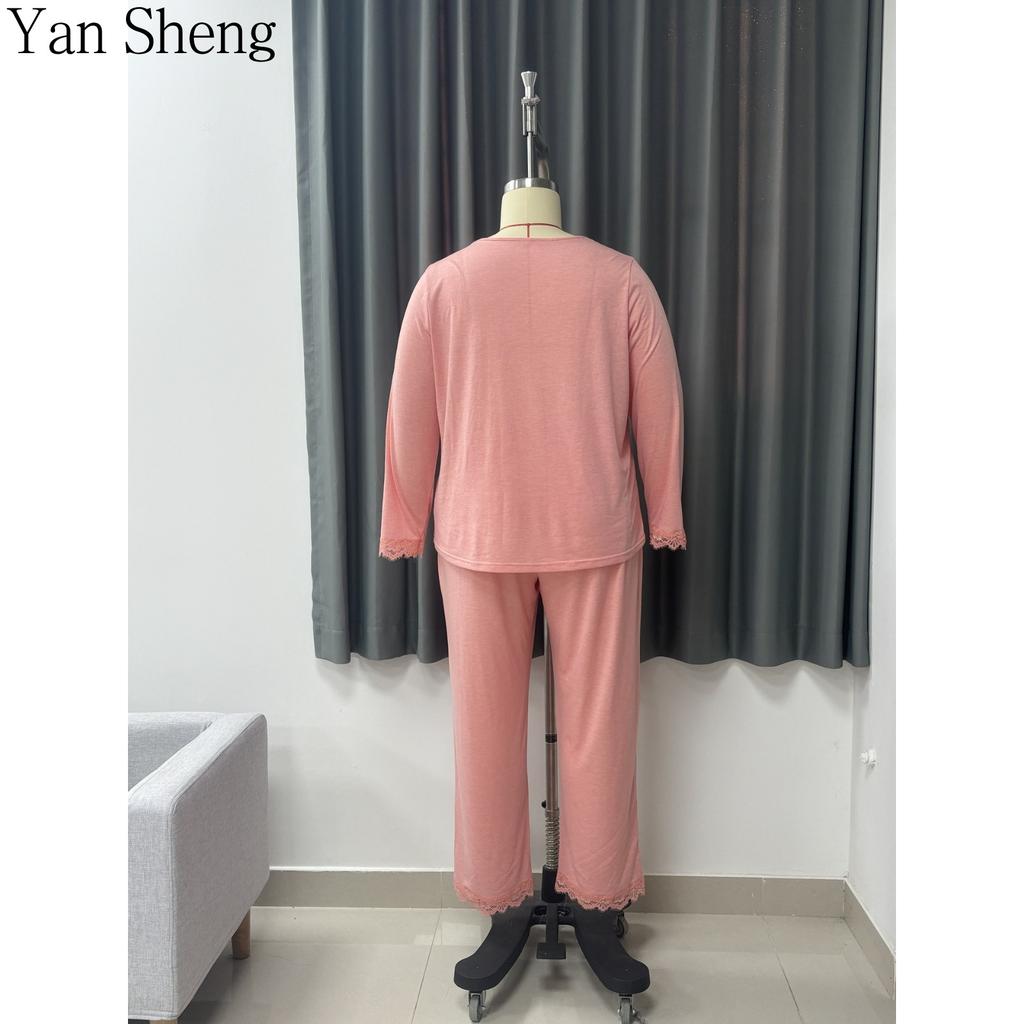 Women Pajama Set Plus Size Round Neck Long Sleeve Long Pants Two‑Piece Breathable Loungewear Home Suit for Spring Autumn Daily Wea