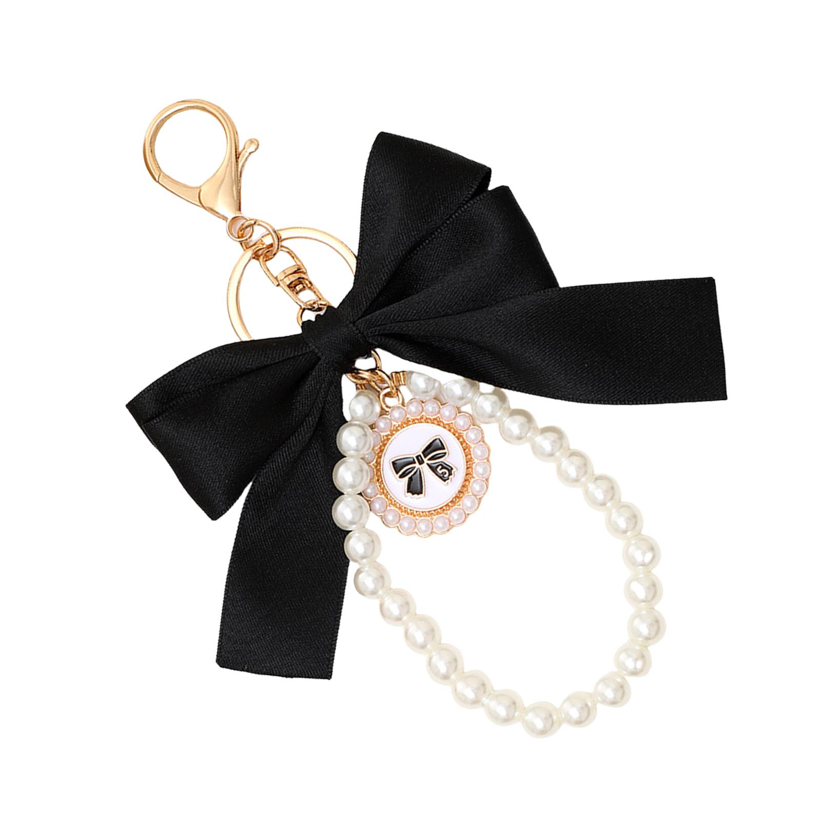 

Fashionable Pearls Embellished Bows Bag Accessory Versatile Keychain Pendant Hanging Decoration For Purses чорний