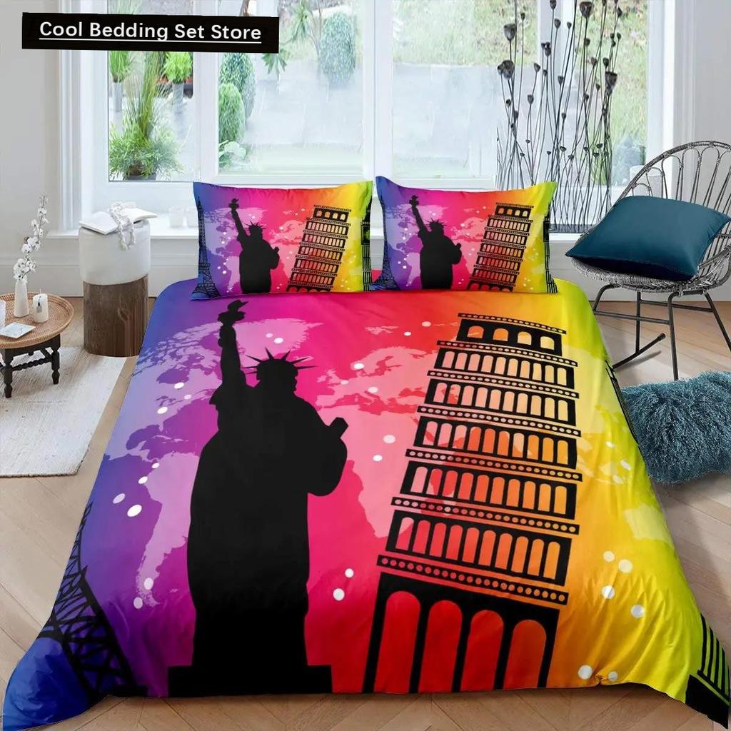 Freiheitsstatue Bettbezug Hip Hop Doppelgröße Friedenszeichen Liebesherz Bettwäscheset Amerikanische Augen Bunt Polyester Steppdecke