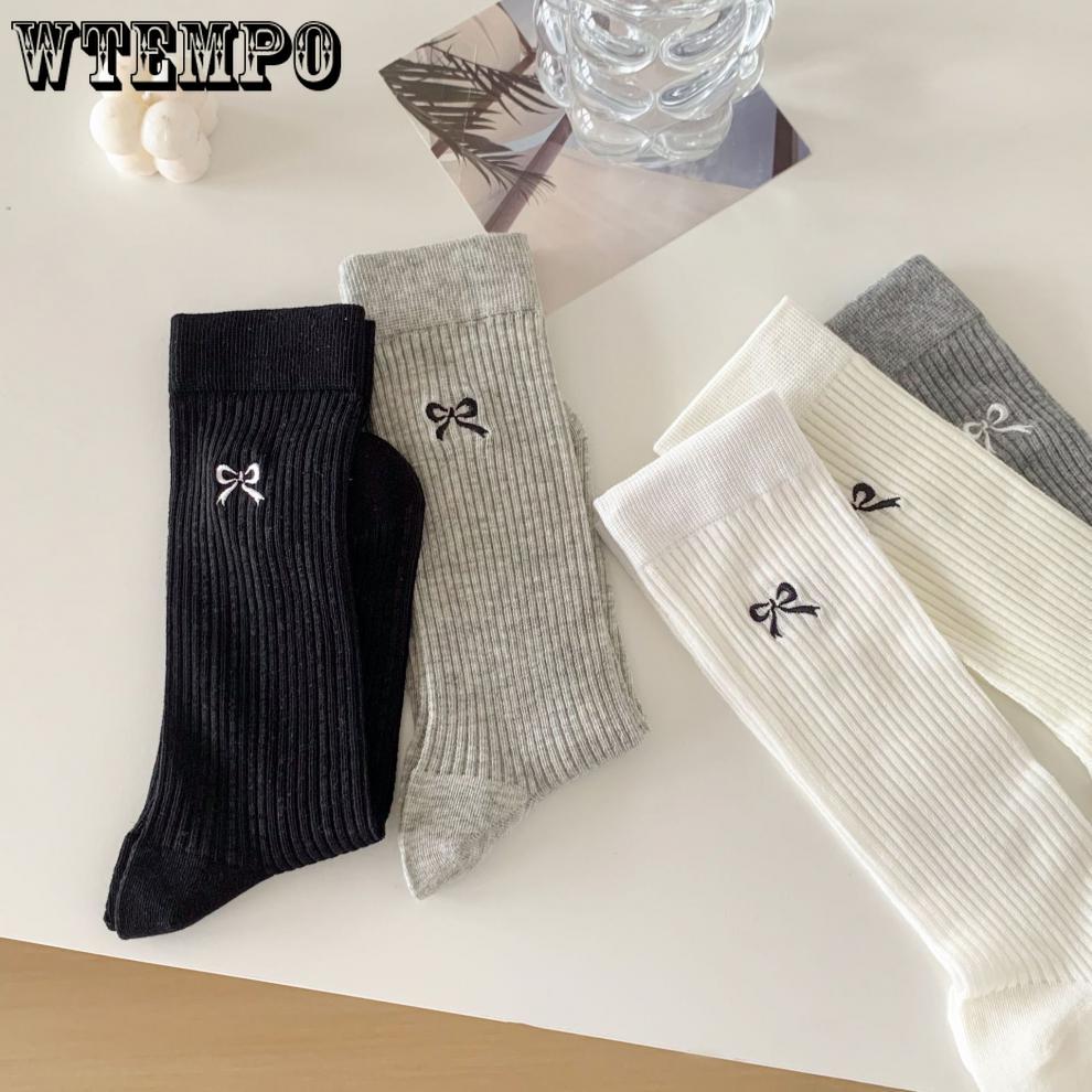 5pcs White Bow Socks Women Ballet Style Mid-calf Socks Summer Thin Stockings Cotton Stacked Socks