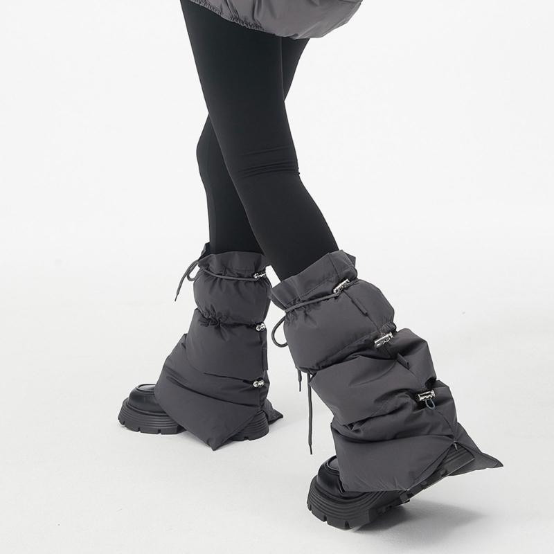 Women Winter Padded Puffer Leg Warmers for Outdoor Work and Sports Adjustable Drawstring Flared Boot Covers Long Socks
