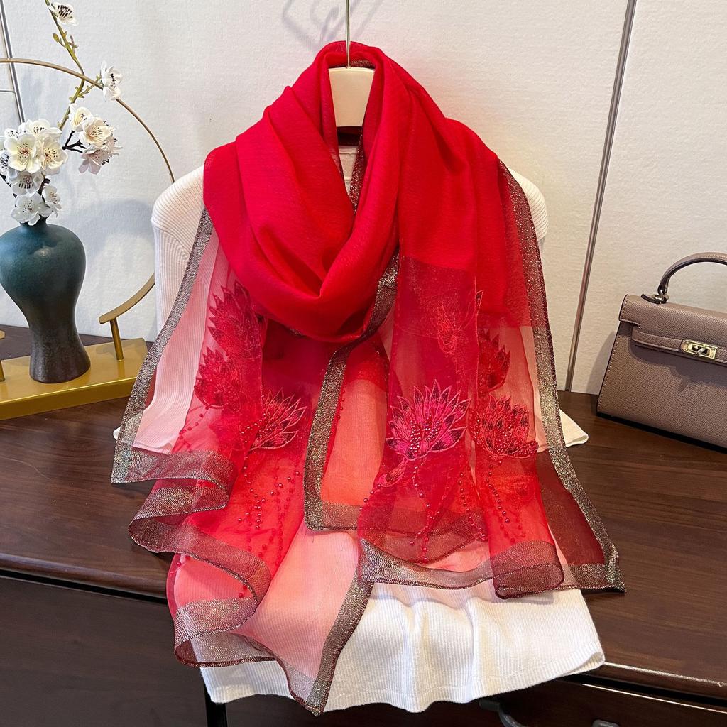 New Korean Style Silk-blend Scarf for Women Thin Embroidered High-end Fashion Exterior Shawl Scarf