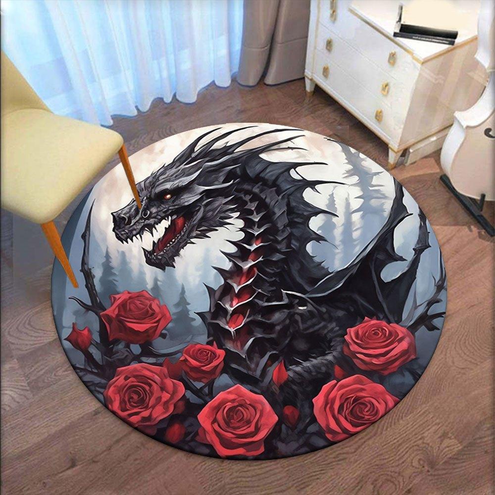 Black Dragon with Red Roses Circular Wall Art PrintRound Non-Slip chair mat chair carpet for office Rugs for Office Decor Gift For Valentine's Day Mot