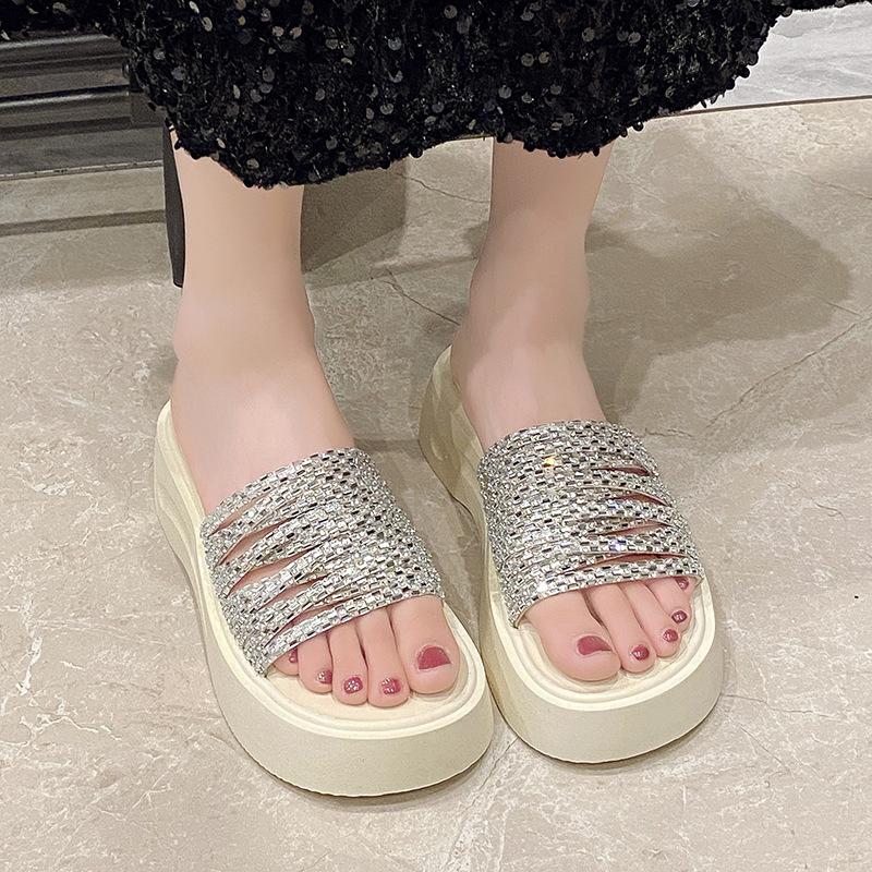 One-word Cool Slippers Women's Outer Slippers Summer 2025 New Muffin Platform Women's Shoes Rhinestone Heightening Sandals