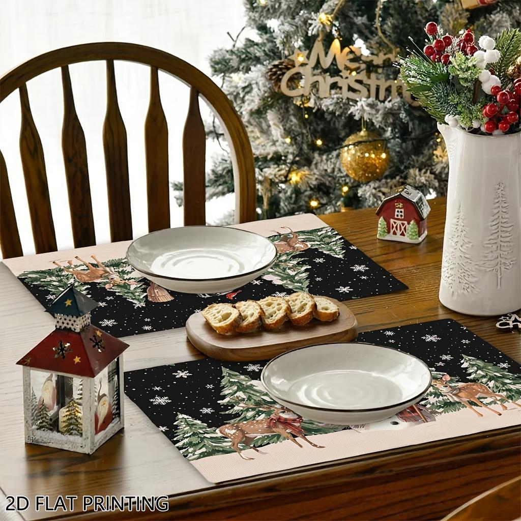 4pcs/6pcs Snowman & Deer Placemats Suitable for Dining Table, Christmas Table Mats with Snowman Deer Print, Rectangular Kitchen Decor for Dinner Parti