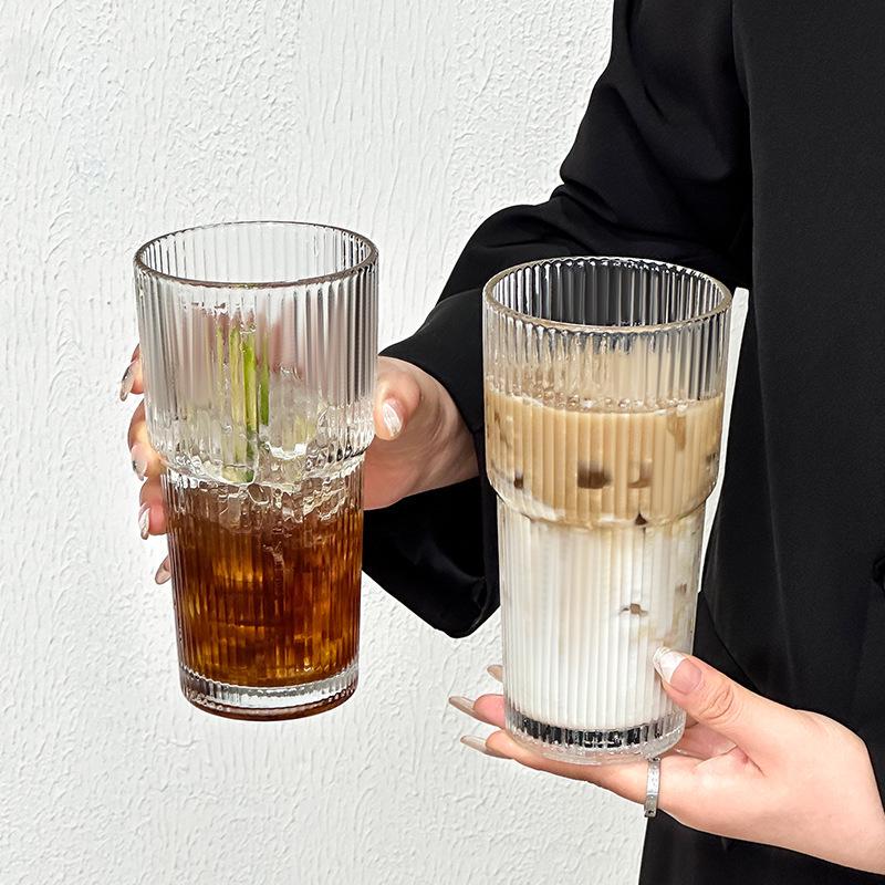 Trendy Large-Capacity Glass Cup with Lid & Straw, Vertical Stripes - Perfect for Cold Drinks, Juice, Coffee, or Water