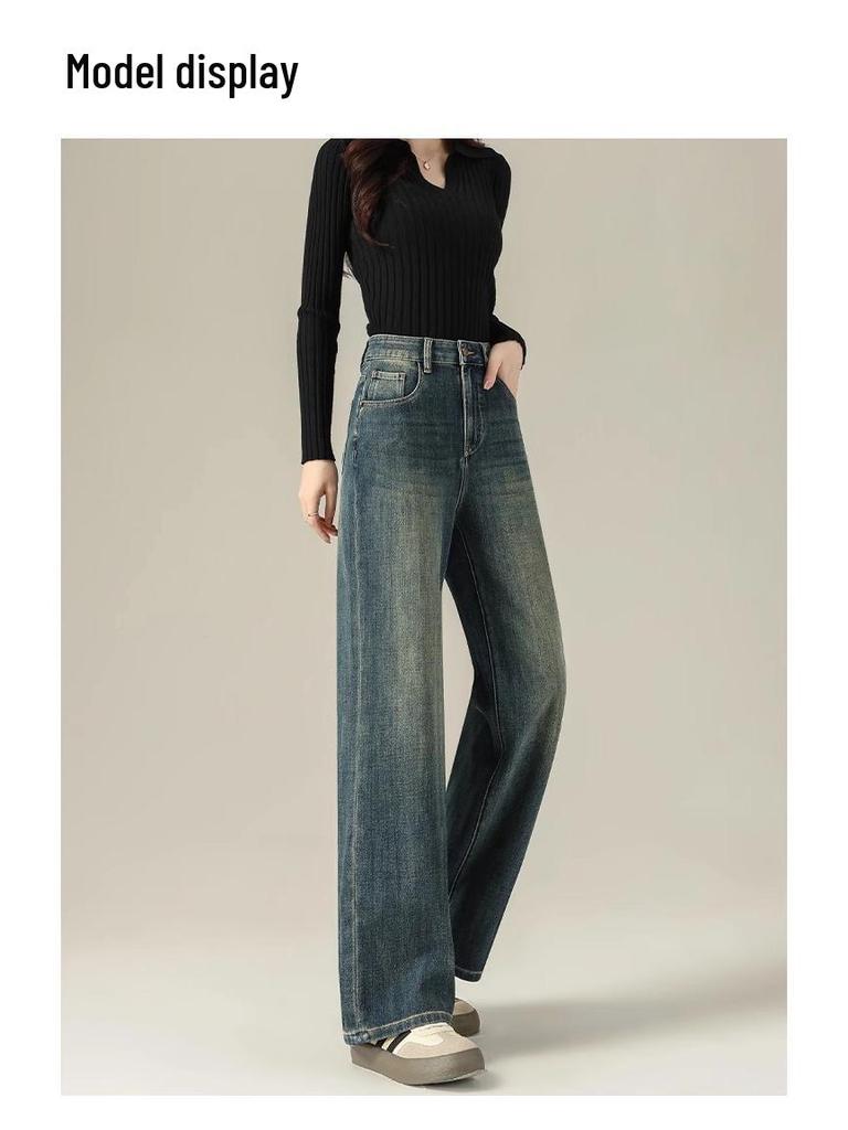 Women's High-Waisted Wide-Leg Pants, 2025 Retro Blue Jeans - Spring/Autumn Slimming Style with Drape and High-End Feel