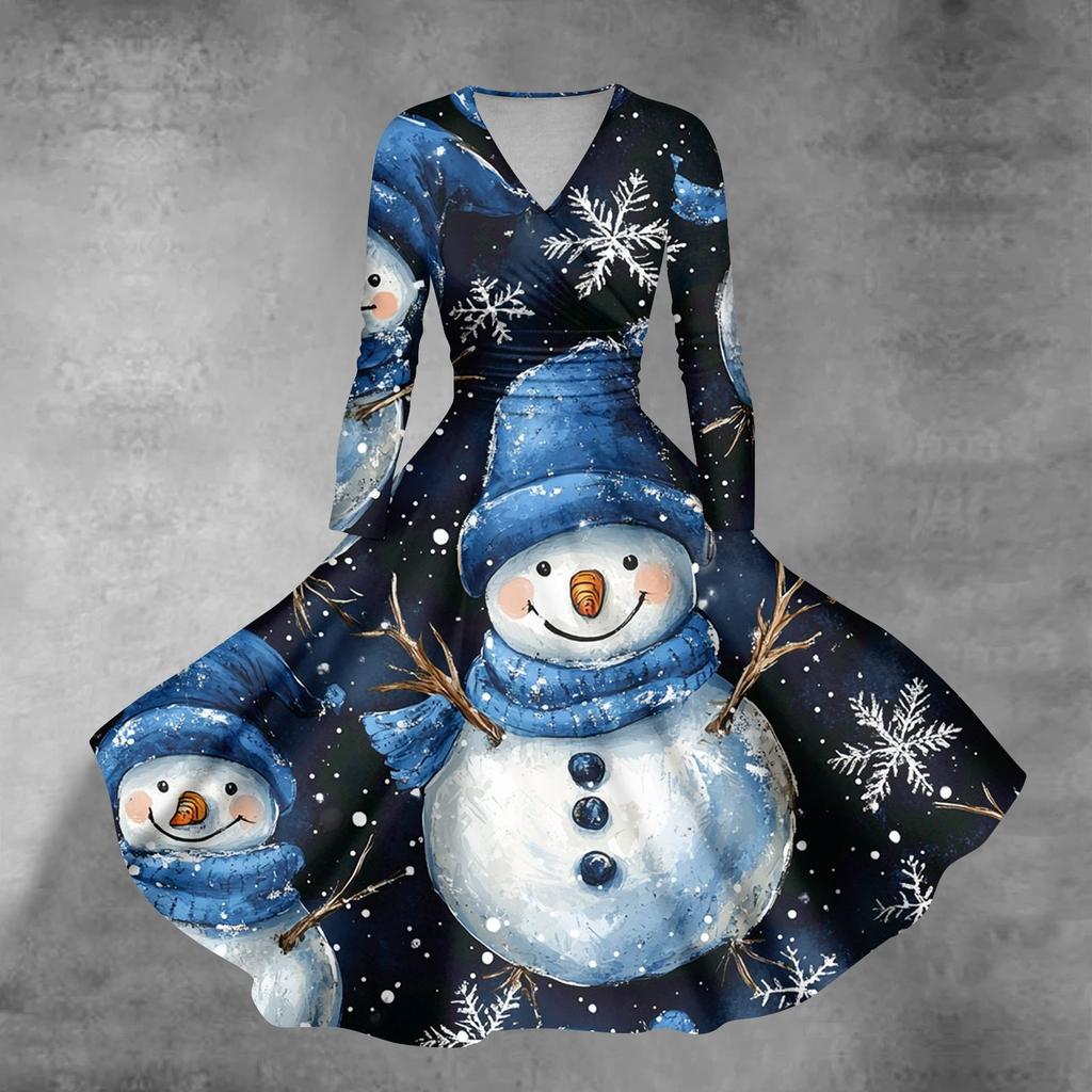 Women's Casual Fashion Christmas Printed Long Sleeve V-Neck Sexy Pocket Dresses