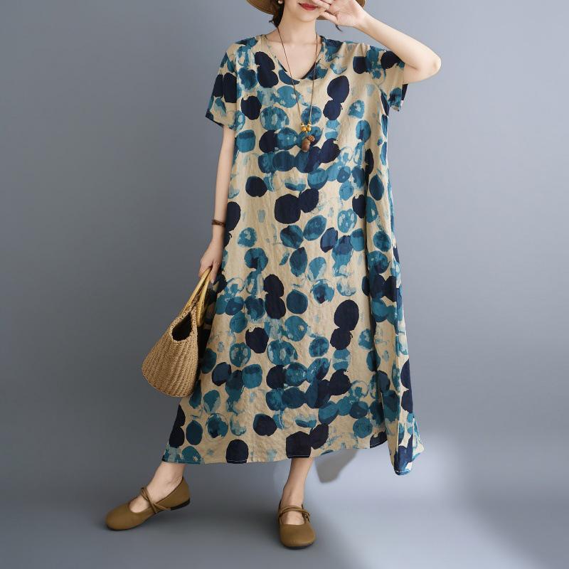 2026 Summer Polka Dot Resort V-Neck Retro Flattering Irregular Long Cotton Linen Dress Plus Size