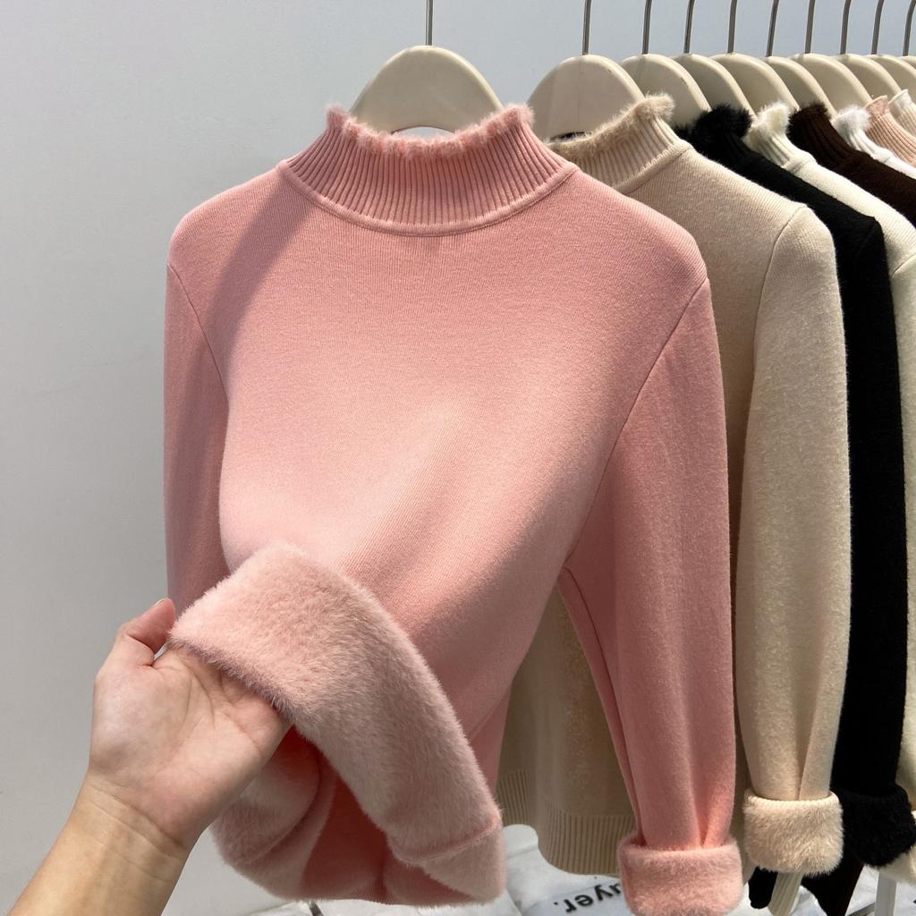 Semi-turtleneck fungus edge knitted top women's winter velvet thickened inner bottoming shirt soft waxy solid color sweater versatile