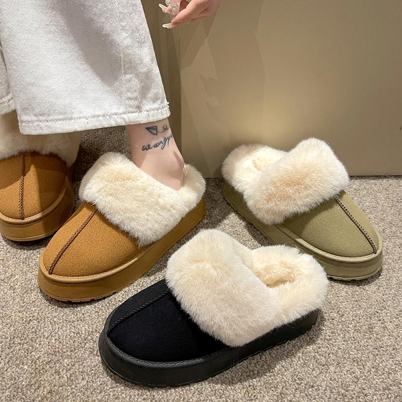 Fashion Women's Thick Sole Plush Warm Slippers Non Slip Faux Fur Winter Shoes for Women 2025 Comfort Fluffy Platform Slippers Plus Size