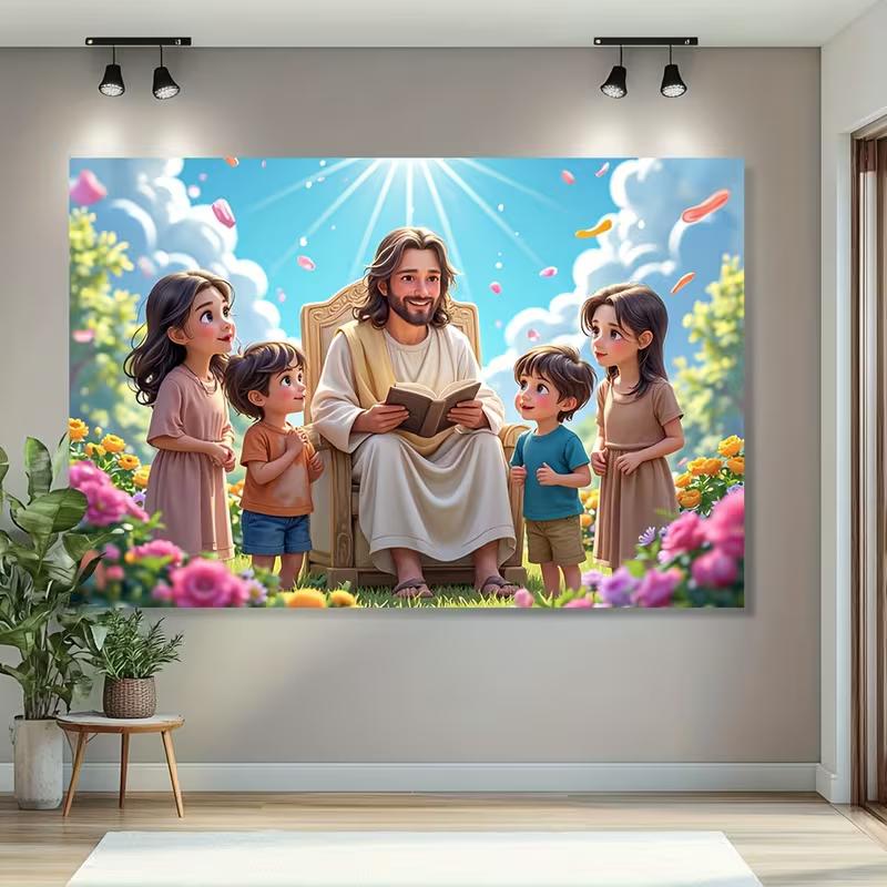 2D Jesus and Children Background Cloth Christian Faith Wall Hanging Tapestr