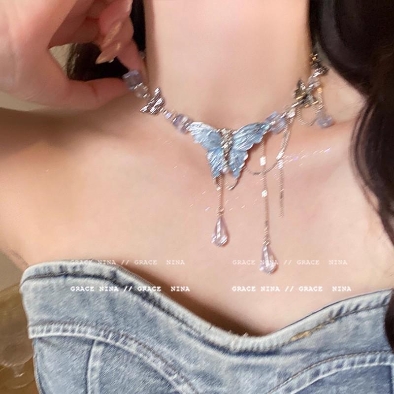 2025 Light Luxury Blue Crystal Butterfly Necklace for Women – Elegant Clavicle Chain Accessory