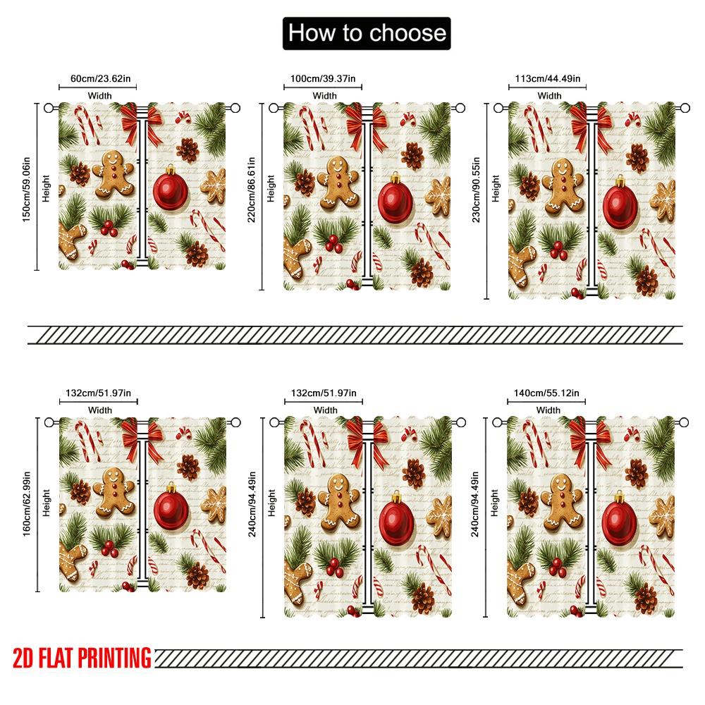 2pcs,2D Plane Printing Light Filtering Curtains Christmas Baubles Gingerbread Holiday Festive 100% Polyester (without Rod)