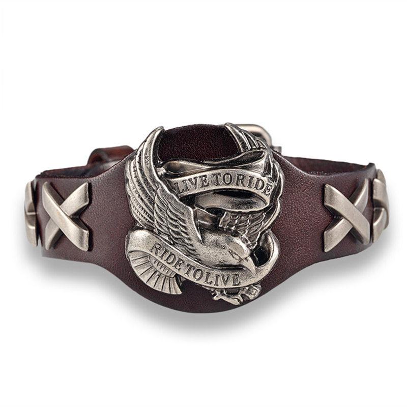 Ride To Live Bracelets Male Bird Skull Retro Bracelet Homme Genuine Leather Bracelet Men Woman Bracelets Bangles