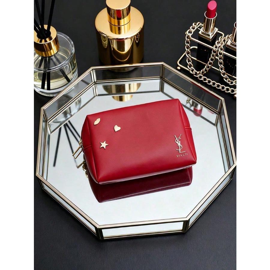 ​Czerwona kosmetyczka YSL z ozdobami w postaci złotych gwiazdek, damska podręczna kopertówka, organizer na codzienne niezbędniki​