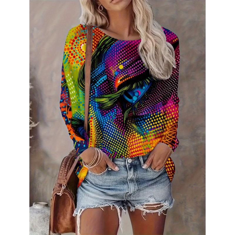 Womens Casual Abstract Print Long Sleeve Crew Neck T-Shirt 3D Effect 2025 Comfort Fit
