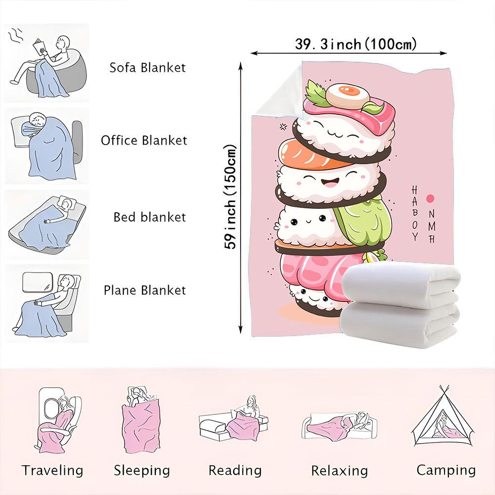Kawaii Sushi Characters Blanket - A whimsical cartoon illustration of smiling sushi (tuna nigiri, salmon, avocado, pink fish) on