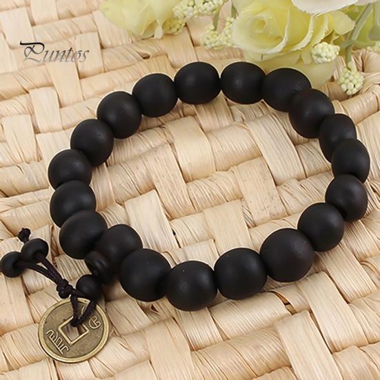 Women Bracelet Wooden Bead Vintage Jewelry Copper Bangle Coin Pendant for Unisex