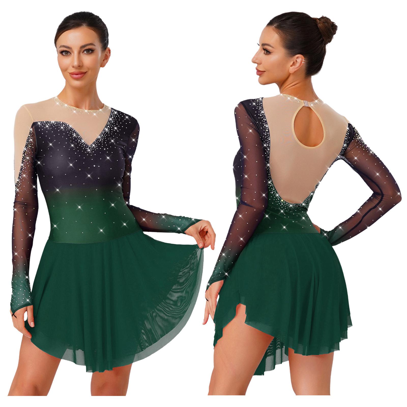 

Glittery Mesh Patchwork Ice Skating Dress for Women S-XXL: Irregular Hem Gradient Gown with Built-In Shorts for Performance S