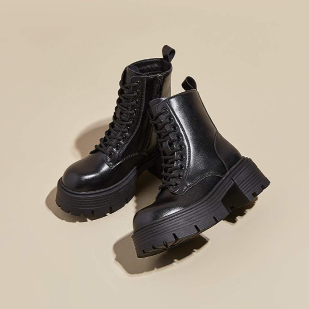 Women's Platform Boots 2025 Leather Platform Heightening Boots Women's Versatile Retro British Style Short Boots Platform Shoes