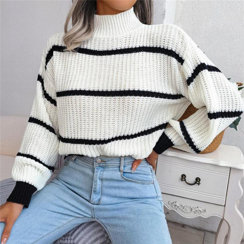Winter Half High Collar Striped Patchwork Sweater Ladies Loose Casual Simple All-match Pullover Women Knitting Top