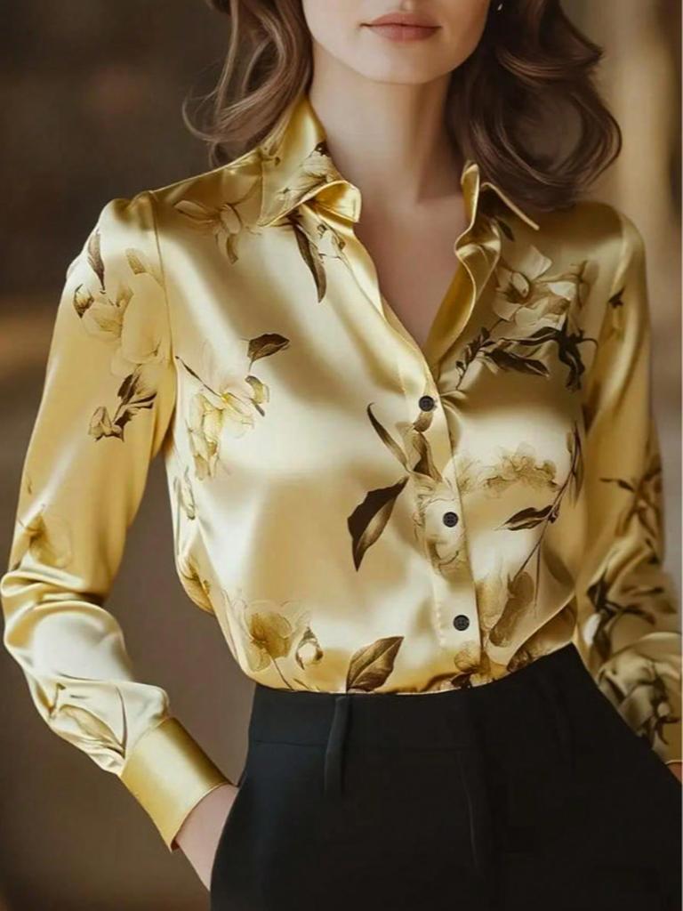 Floral Print Button Down Long Sleeve Shirt, Suitable For Dates, Holidays, Everyday, Birthday Parties, Singles Parties, Travel, Spring/Autumn Vacation