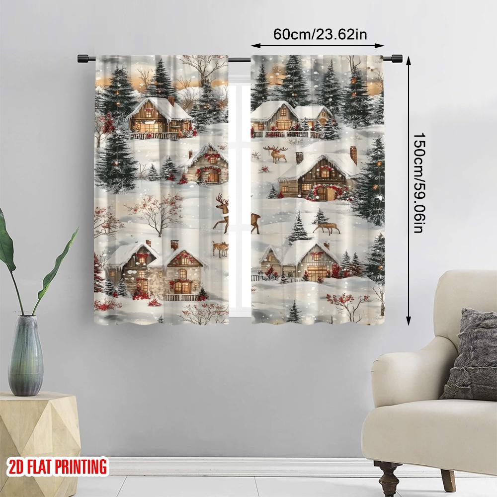 2pcs,2D Plane Printing Popular Curtain Panels Winter Wonderland(1) Polyester Fabric (without Rod) Room Decor Ldeal for Various