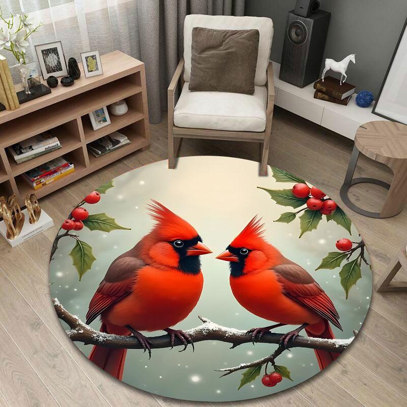 Charming Red Cardinal Pair Holly Berries Branch Round Floor Mat, Classic Red Charming Look, Nice Touch for Entryway Hallway and Office
