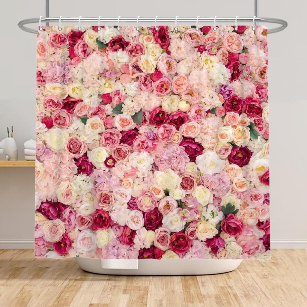 Spring Wall Flower Rose Floral Shower Curtain Colorful Rose 3D Floral Romantic Shower Curtain Waterproof Washable Fabric