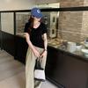 WhiteV-Neckshort Sleeve T-Shirt Women's Casual Loose-Fit Waist-Fitted Top Korean Style Polyester Fiber Summer Clothing