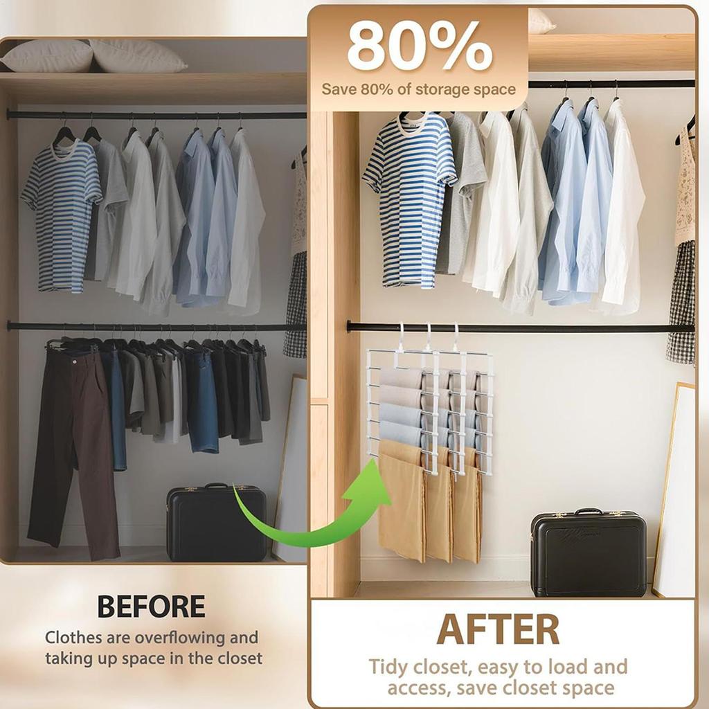Pants Hangers Space Saving 6 Layers Foldable Rack 2 Pieces Clothing Hangers for Jeans Trousers Skirt Closet Bedroom Dorm