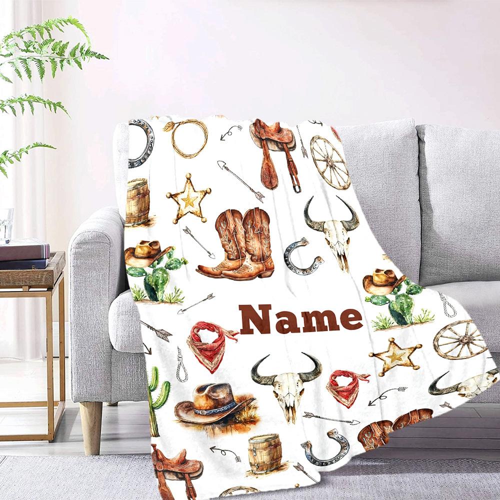 Western Cowboy Theme With Cacti And Sheriff Star Lightweight Customizable Blanket Name Durable Comfort Throw For Sofa Couch Office Bed Picnics Four