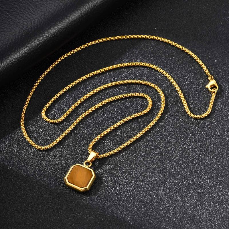 Stainless Steel Square Pendant Necklace Men Long Chain Layered Hip Hop Jewelry Geometric Titanium