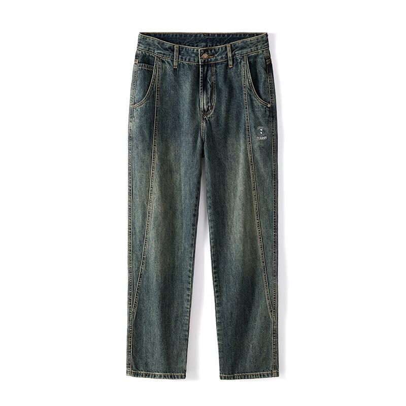 

Весенне-осенние американские джинсы с вышивкой в стиле хай-стрит для мужчин, свободные, в стиле ретро, с эффектом стирки и потертостей, широкие брюки XXXL