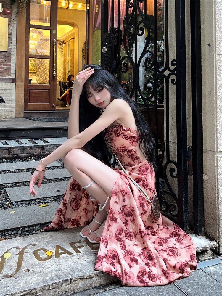 Rose Print Halter Neck Dress with Bra Pad and High Slit