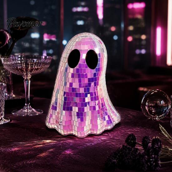 Reflective Mosaic Art Disco Ghost Tabletop Ornament, Iridescent Mirror Figurine, Retro Holiday Atmosphere Ornament Halloween Party Decor, Cute Spooky