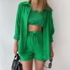 European and American Women's Crinkle Lapel Shirt & High Waist Shorts Two-Piece Set