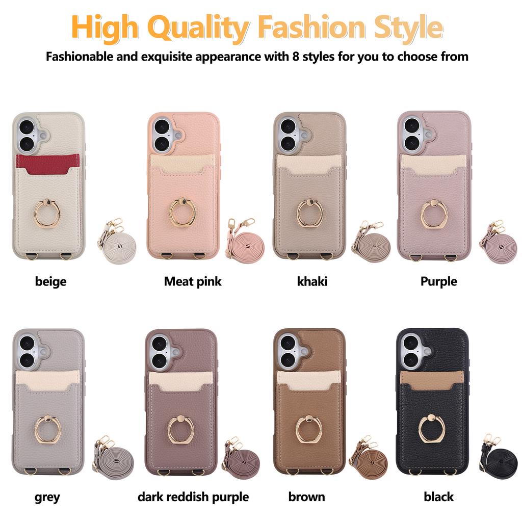 Crossbody Vertical Cards Solt Ring Holder Wallet Leather Case For iPhone 16 Pro Max 15 Plus 14 13 12 11 16e Lanyard Bag Cover