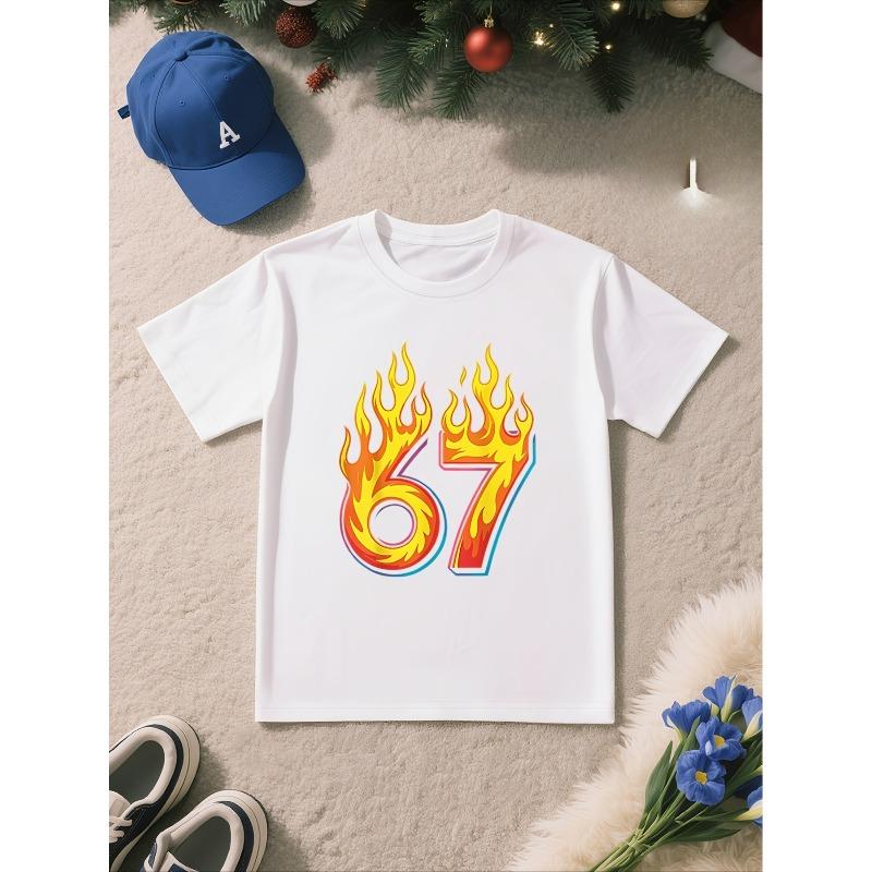 European Sizes Flame Six Seven" Letter/cartoon Print, Boys' Short-sleeved T-shirt, Cool and Breathable for Spring/summer Wear